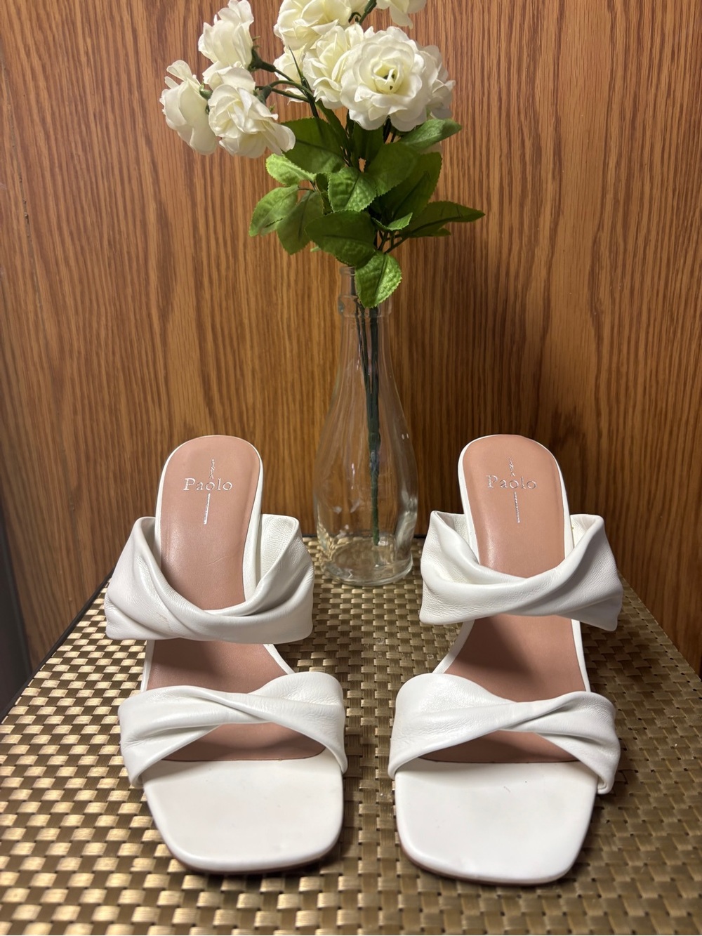 Paolo White Twisted Strap Slip-On Heeled Sandals